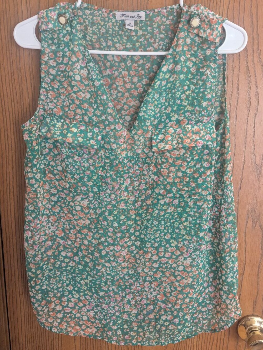 Semi Sheer Floral Sleeveless Blouse Tank Buttons‎ Pocket Green Faith and Joy-S